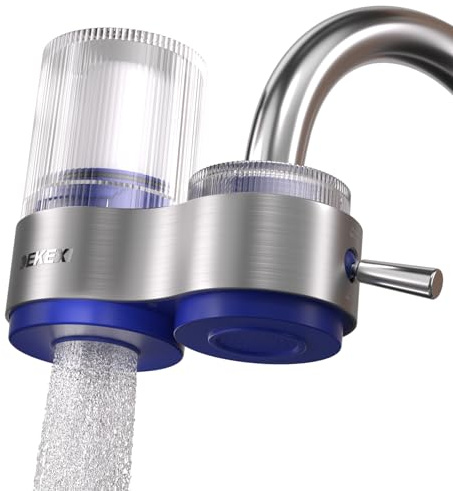DEKEXI Filtre à eau pour évier, système de filtration d'eau pour robinet de 400 gallons pour eau du robinet, certifié NSF, réduit le chlore et le mauvais goût, corps en métal avec 1 filtre de