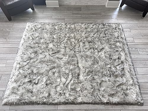 LAMBZY Super Soft Fluffy Faux Fur Sheepskin Rug for Bedroom Floor Sofa Living Room High-Density Plush Shaggy Carpet Sofa Cover Bedside Square Rug (5', White/Black)