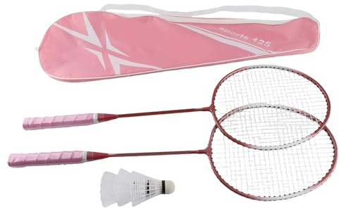 Badmintonracketsats, med Dubbla Grepp, Lätta Badmintonracketar med Fjäderbollar Bärväska för Utomhusspel i Trädgården (Rosa)