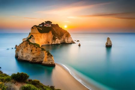 Holz-Bild 50 x 30 cm: Sonnenuntergang am Strand von Lagos, Portugal. Lange Exposition (211599748)