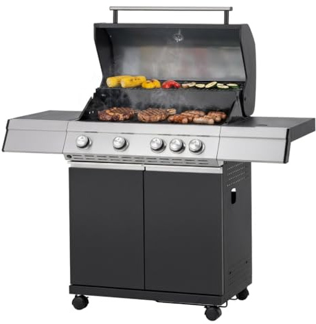 Tarrington House Barbacoa de gas Paxton de 4 + 1 Quemadores, Acero/Acero Inoxidable, Tapa con Termómetro, Mesa Auxiliar, Ruedas, Negro