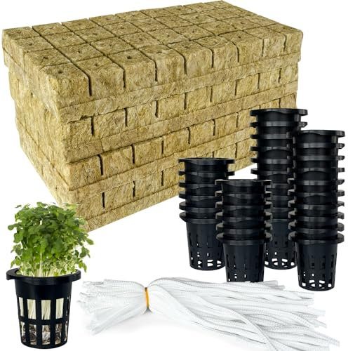 72 Pcs 1.2-Inch Rockwool Cubes with Net Cups and Self-Watering Cord for Hydroponics Great Hydroponic Kit for Cuttings Clone Plant Propagation Seed Starting Soilless Cultivation