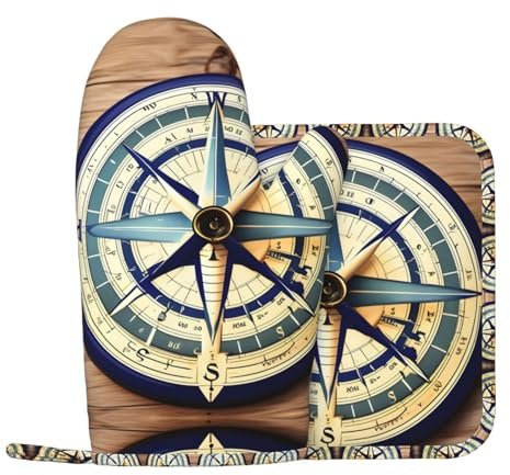 Ofenhandschuhe und Topflappen, Maritimes Segelboot, Kompass, 2-teiliges Set, zum Kochen, Grillen, Topfdeckel, Mikrowelle, hitzebeständig