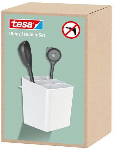 tesa Accesorios de Cocina, Recipiente para Utensilios - Contenedor Autoadhesivo para Almacenar el Menaje de Cocina - con Adaptador, Montaje en Pared sin Taladrar - Blanco