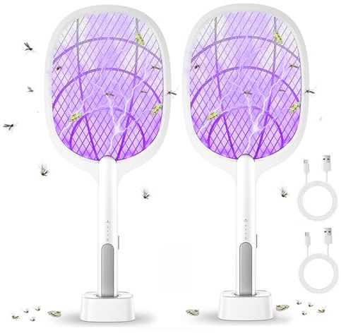 Raquette Électrique Insectes 2 en 1, Tapette à Mouche Électrique avec Puissante Lampe Piège à Moustiques pour Intérieur et Extérieur (2 pièces)