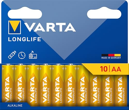 VARTA Longlife - Pilas alcalinas AA (10 Unidades, 1,5 V, Ideal para cámara Digital, Controlador, Monitor de presión Arterial Embalaje sin plástico)