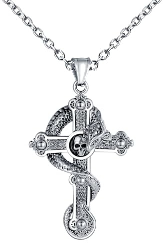 INFINIONLY Collier Croix en Acier Inoxydable pour Hommes Pendentif Créatif de Croix avec Dragon Hip Hop Colliers con Tête de Mort Halloween Bijoux Fantaisie Adolescents Décoration