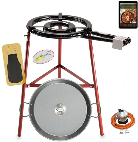 COMBOI Paellero gas butano, Kit Profesional Quemador plano 45 cm, Paellera Pulida 60 cm, Regulador, Manguera, Patas Reforzadas, Nivel, Delantal, Libro Recetas Digital (Kit Paellero Pro 45 cm)