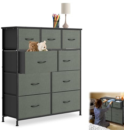 YRHome Kommode mit Schubladen Sideboard 9 Stoffschubladen mit Griffen Komodenschrank Schubladenkommode Stoffkommode Schubladenschrank Metallgestell für Schlafzimmer Wohnzimmer Flur Büro, Meliertgrau