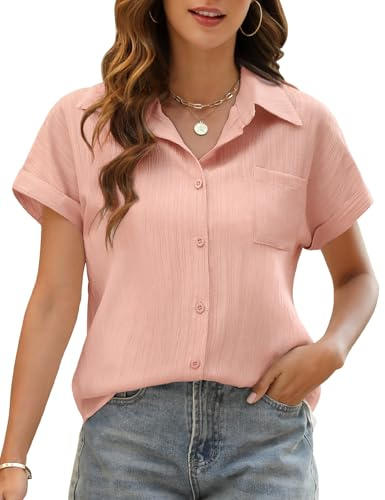 Niwicee Blusa Elegante para Mujer Camisa Lino Mujer Verano con Cuello en V Blusa Suelta Manga Corta Cardigan Mujer Verano Causal Informal con Botones Top con Bolsillos (Rosa, M)