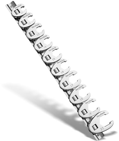 DURATECH Juego de 10 llaves de pata de gallo de 3/8 pulgadas, juego de llaves de tuerca acampanada, métricas, 10-22 mm, con riel de almacenamiento