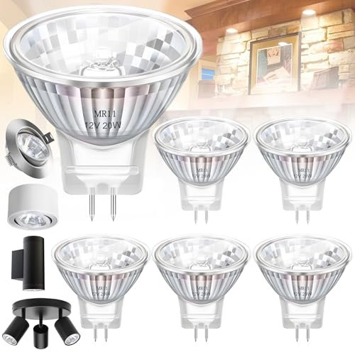 Benaton 6 Stück MR11 Halogen 20W 2 Pin Dimmbar, halogen leuchtmittel MR11 Warmweiß, Halogen GU4 12V 20W Mit Glasabdeckung, 35 x 35 mm Leuchtmittel, 120° Warmweiß 2700K Leuchtmittel