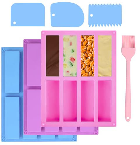 QMLING 3PCS Silicone Rectangle Granola Bar Molds, 8 Cavity Large Chocolate Bar Moulds, Energy Bar Maker with Scraper Brush, Silicone Moulds for Baking Bread Butter Brownie Soap (Purple Pink Blue)