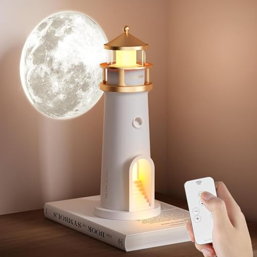 Moon Lamp Projector Night Light, Bedside Lamps Lighthouse Decor Light Night Light, Moon Light Projector Rechargeable LED Aesthetic Table Lamp Christmas Birthday Gifts (Remote Control)