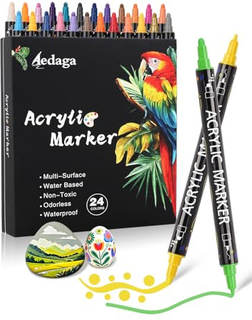 AEDAGA 24 Colours Acrylic Paint Markers, Dual Tip Acrylic Paint Pens