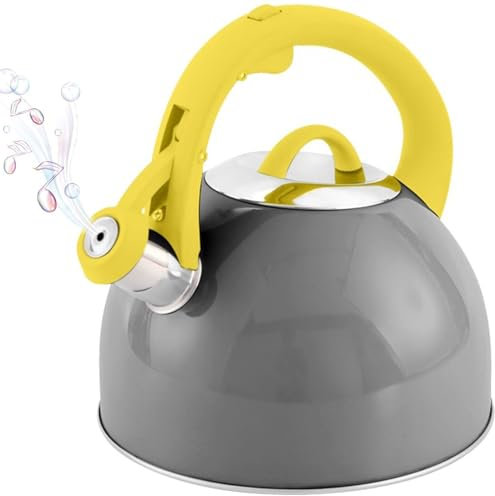 Bouilloire sifflante grise en acier inoxydable avec poignée jaune anti-brûlure for cuisinière à induction 2,5 L