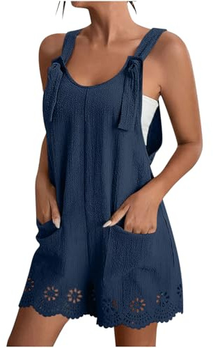 Zeiayuas Womens Shorts Jumpsuits Wide Leg Jumpsuit Summer Romper Pockets Loose Fit Dungarees Playsuits Round Neck All in One Playsuit Onesies Solid Color Lace Floral Shorts Pants for Ladies