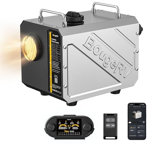 BougeRV Chauffage Diesel 5kW avec Minuteur Pompe Silencieuse Contrôle FB/App Écran LCD Chauffage Stationnaire 12/24V 220V Tout-en-Un Tuyau D'Échappement Vissable Protection Anti-Fuite