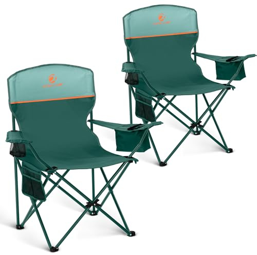 ALPHA CAMP Camping Chairs 350LBS Capacity, Heavy Duty Folding Chair with 4-Can Cooler Bag, Portable Outdoor Chair with Cup Holder for Adults, Collapsible for Tailgating, Beach, Fishing,Black,Green