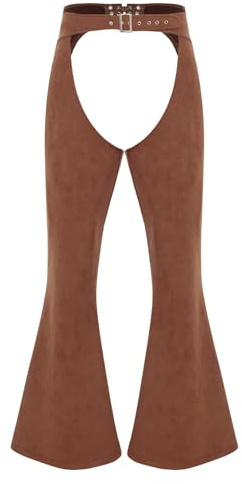 ranrann Women's Mens Faux Seude Cowgirl Pants Cowboys Chaps Fancy Dress Hollow Out Bell Bottom Long Trousers for Halloween Brown XXL