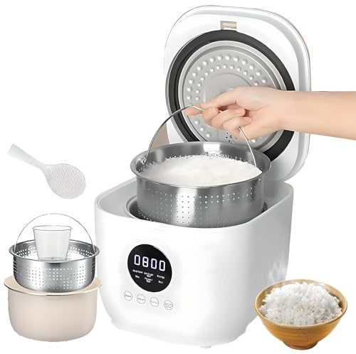 Cuideur à riz à faible teneur, cuisinière à riz portable 3L avec 5 fonctions de cuisson, 8h Keep Warm & 24h Delay Timer, glaçure en céramique antiadhésive et panier de vapeur en acier inoxydable