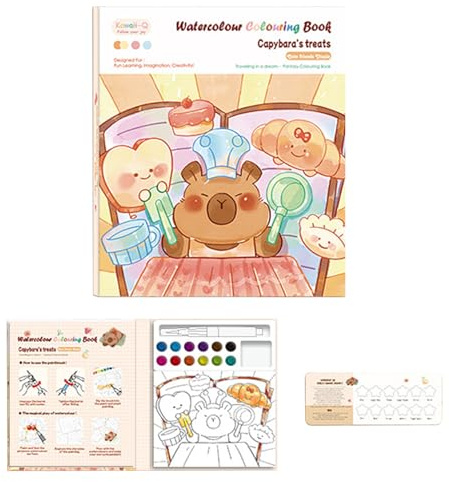 LIULINY Malbuch Wasserfarben für Kinder, Wassermalbuch, Aquarell Malpapier 24 Seiten Capybara Dessert mit Wasserpinsel Stift, Mini Aquarellbuch, für Kinder Erwachsene Geburtstagsgeschenk