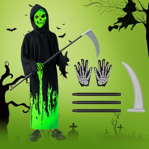 Tristo Mietitore Costume per Bambini, Costume da Mietitore di Halloween, Scheletro Luminoso Spaventoso Scream Reaper Costume con Guanti di Falce per Ragazzi Ragazze Giochi di Ruolo Festa