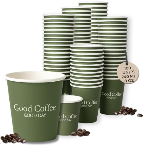 Vasos Café Desechables 100 Unidades - Vasos de Cartón Verde 240 ml con Diseño Elegante Para Llevar Café con leche, Cappuccino, Americano - Vasos para Bebidas Calientes o Frías - Oficina, Catering, Bar