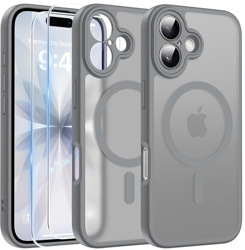 FLLAO 3 in 1 Magnetic Case for iPhone 17 with 2X HD Screen Protector, Compatible with MagSafe, Slim Shockproof Military-Grade Drop Protection, Translucent Matte Hard Back Bumper Cover, Grey