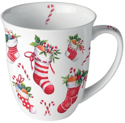 Ambiente Kaffeetasse Teetasse Jumbo Becher 0,4 l Fine Bone China Porzellan Socken mit Dekoration Weihnachten Advent serie xmas stockings