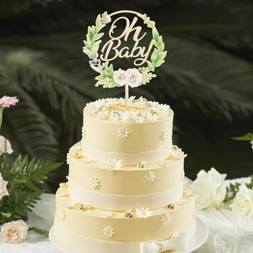 Oh Baby Cake Topper Wood Baby Shower Cake Topper Gender Reveal Boy Girl Cake Decorations for Boho Rustic Theme Gender Neutral Party Baby Booth Props Party Photo (Green)