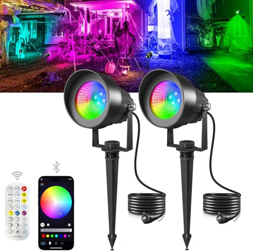 Focos LED Exterior RGB, 2 Piezas Foco Proyector Exterior con App Bluetooth y Mando a Distancia 16M Colores IP65 44 Modos Dinámicos Clavija de Tierra Focos Exterior Jardín para Patio Terraza Halloween