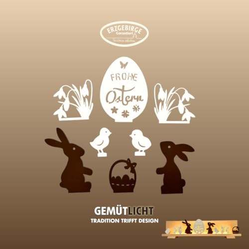 weigla - Figurenset 8 TLG. original Erzgebirge I Motiv Ostern weiß/braun I Figurenset für Dekosockel I detailreiche Holzkunst I Osterdeko mit Hasen, Kücken, Osterei & Schneeglöckchen