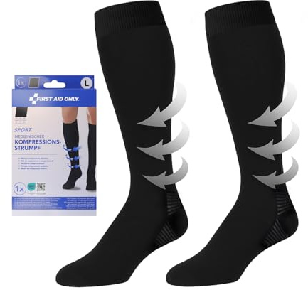 First Aid Only Medizinische Kompressionsstrümpfe SPORT Schwarz L | Stützstrümpfe Klasse I (15-21mmHg) unterstützen schonend bei Lipödem, Cellulite, Krampfadern | P-10085