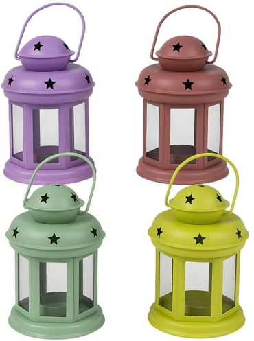 Marrakesch Set om 4 vintage dekoration lyktor, värmeljushållare 13 cm av metall och glas | minilykta som bordsdekoration, vardagsrumsdekoration | ljushållare Eolea, färgglad som balkong, terrass och