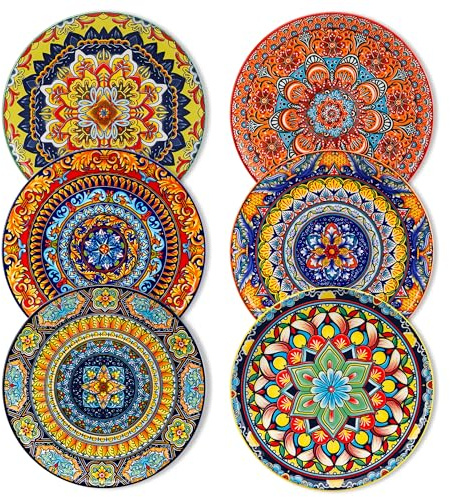 vancasso Colorful Dessert Plates Set of 6, 8.5 Inch Ceramic Salad Plates, Boho Small Dinner Plates, Bohemian Printed Kitchen Plate for Breakfast, Microwave & Dishwasher Safe Dishes, Series KRVI