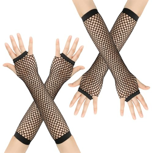 GZLANYA 2 pairs of women's open finger fishing net long black gloves, 80s party cosplay clothing accessories, fishnet gloves，fishing net arm sleeves