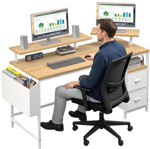 Cliporix 120cm Small Computer Desk with Dual Monitor Stands - Reversible Sturdy Gaming Desk, Small Corner Table with Drawers & Spacious Storage for Home Office, Easy to Assemble