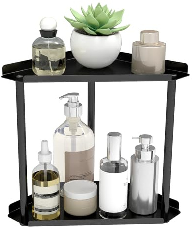STWWO 2 Etagen Eckregal Badezimmer Standregal Stehend Klein Gewürzregal | Edelstahl Eckregal Stehend Küchenregal Arbeitsplatte Aufbewahrung Platz Sparen Schminkorganizer Schwarz, 27x15x27 cm
