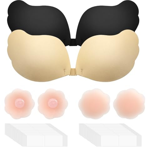 CATELL Sujetador Adhesivo Push Up Reutilizable Sin Espalda Invisible de Silicona con 4 Almohadillas de Pezón y 36 Tiras Adherentes para Vestido Boda Copa B - 2 Pcs (Negro y Piel)