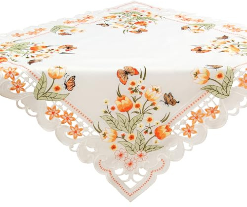 Orange Tulpen und Schmetterlinge Stickerei Tischläufer 85 x 85 cm Oval Polyester, Weiß