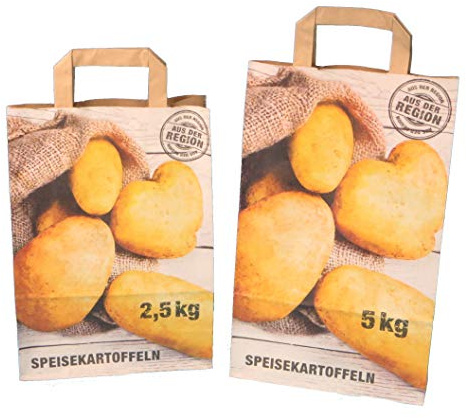 250 Papiertragetaschen Kartoffeltragetaschen Papiertüten für Kartoffeln KRAFT 90g/m² Aufdruck Speisekartoffeln 22+10x36cm 5kg - Inkl. Verpackungslizenz in D