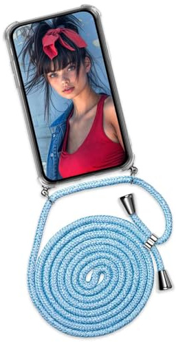ONEFLOW Handykette für Samsung Galaxy S20 / S20 5G Hülle mit Band, Handyhülle mit Kette abnehmbar, Handyband zum Umhängen, Handy Umhängeband Lange Handykordel, Twist Case – Hellblau Jeans
