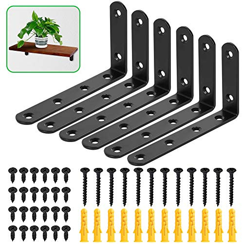 6 Pcs Wall Shelves Brackets Floating Shelf Brackets Heavy Duty Supports Screws and Wall Plugs Set 90 Degree Angle Metal Brackets Black L Shaped（75x125mm）