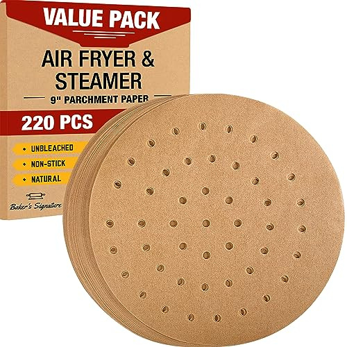 22 cm Air Fryer Round Parchment Paper Liners 220pcs, Steamer Paper by Baker’s Signature – Unbleached Bamboo Steamer Liners – Easy Cleanup, Will Not Burn or Curl, Non-Toxic & Convenient Packaging