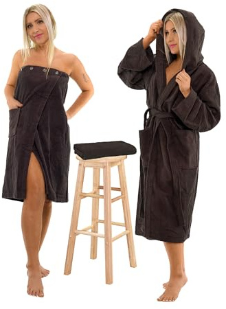 Interkontakt SET - M - Bademantel Damen Frottee mit Kapuze + Saunakilt Damen + Handtuch - 100% Baumwolle OEKO-TEX® Zertifiziert - Verfügbare Größen (S, M, L, XL, XXL) - Farbe - Black Chocolate