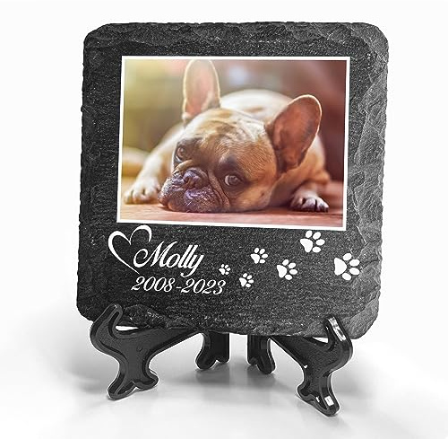 TULLUN Individueller Personalisiert Natürlich Tiergrabstein Schiefer Gedenkstein + Ständer für Hund, Katze, Kaninchen und andere Haustiere - Größe 10 x 10 cm - Foto und Pfotenabdruck