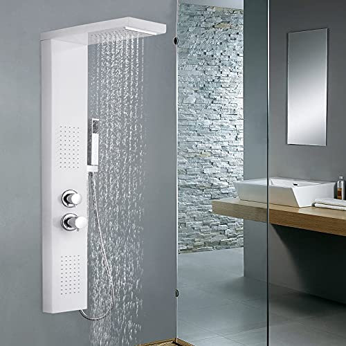 LARS360 Pannello doccia rubinetto doccia in acciaio inox 4 in 1 sistema doccia con doccetta a pioggia, doccia a pioggia, doccia a cascata, set doccia per bagno doccia, pannello doccia bianco