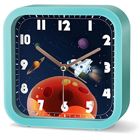 EXQULEG Analoger Wecker für Kinder Ohne Ticken - Platz Wecker Mit Raketen Astronautmotiv für Junge Mädchen und Schüler (NZA176)