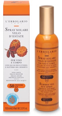 L'Erbolario Solar Summer Velo Spray SPF 50 Ansikte och Kropp, Högskydd, Avskalande Action, Vattentålig, även perfekt för tatuerad hud, lämnar inga vita spår, storlek 100 ml